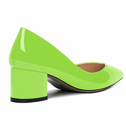 AMBELIGHT Womens Dress Patent Slip On Solid Evening Pointed Toe Chunky Low Heel Pumps Shoes 2 Inch, Lime Green, 7