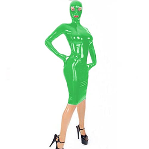 Women Wet Look Latex PVC Hooded Mini Dress Party Show Zipper Bondage Dress Wrap Dress0,Green,L