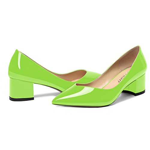 AMBELIGHT Womens Dress Patent Slip On Solid Evening Pointed Toe Chunky Low Heel Pumps Shoes 2 Inch, Lime Green, 7