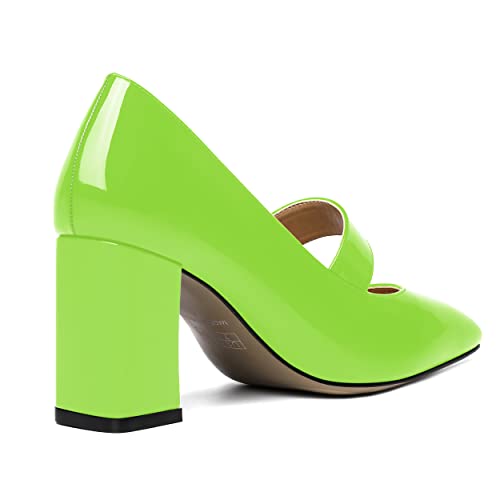 NUMALEO Womens Patent Bungee Square Toe Ankle Strap Night Club Sexy Block High Heel Pumps Shoes 3.3 Inch, Lime Green, 7