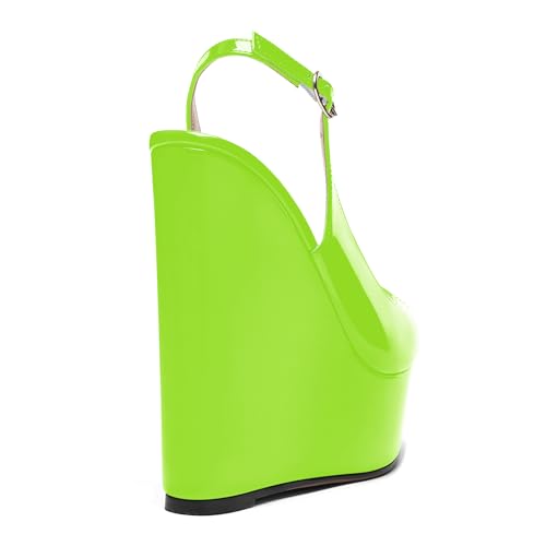 AMBELIGHT Womens Patent Buckle Cute Platform Adjustable Strap Peep Toe Party Wedge High Heel Pumps Shoes 6 Inch, Lime Green, 7