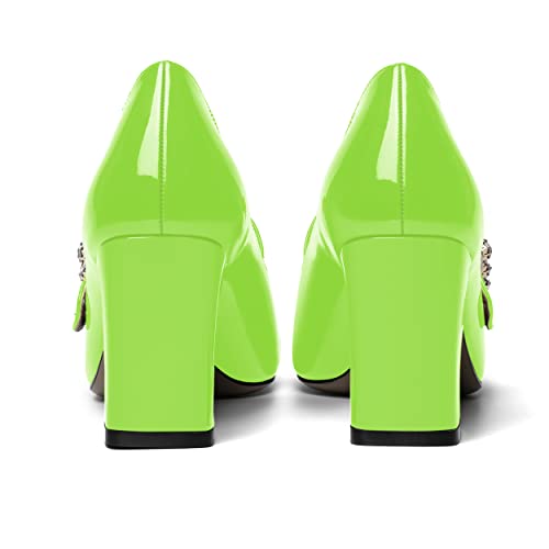 NUMALEO Womens Patent Bungee Square Toe Ankle Strap Night Club Sexy Block High Heel Pumps Shoes 3.3 Inch, Lime Green, 7