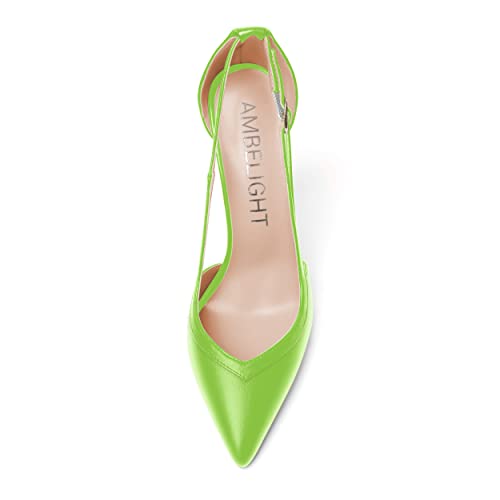 AMBELIGHT Womens Matte Dress Adjustable Strap Buckle Pointed Toe Elegant Evening Stiletto High Heel Pumps Shoes 4.7 Inch, Lime Green, 7