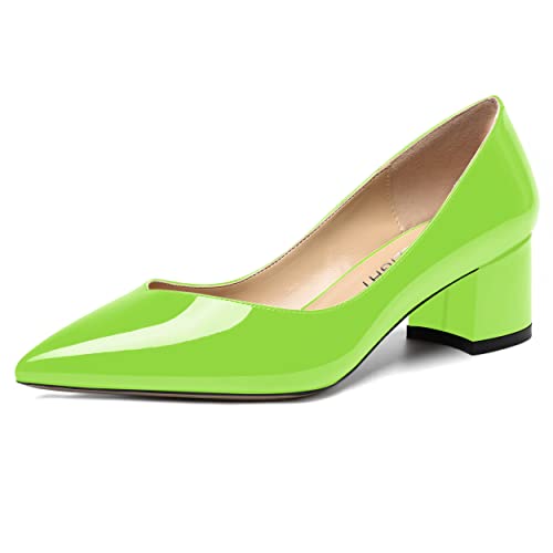 AMBELIGHT Womens Dress Patent Slip On Solid Evening Pointed Toe Chunky Low Heel Pumps Shoes 2 Inch, Lime Green, 7