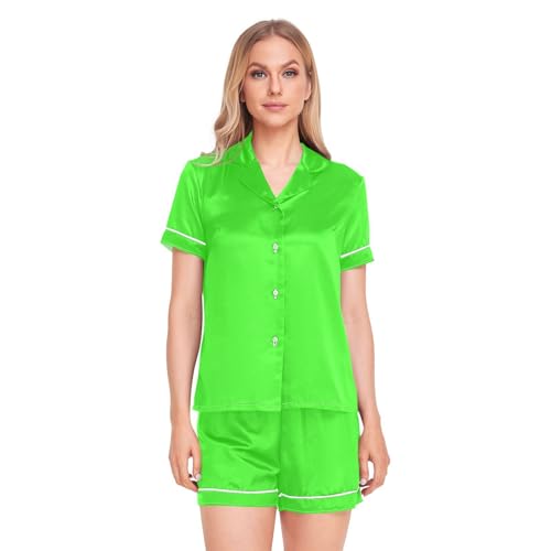 Yuiboo Satin Pajama Set for Women Lightweight and Comfortable Silk Pajamas Set Casual Ladies Sleepwear Neon Green Solid Color, Multicolor, Small