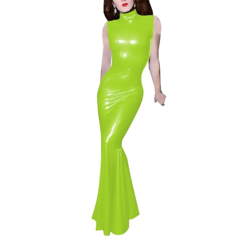 Mock Neck Sleeveless Bodycon Floor-Length Dress Shiny PVC Leather Skintight Mermaid Robe, Fluorescent Green, 6X-Large