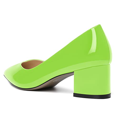 AMBELIGHT Womens Dress Patent Slip On Solid Evening Pointed Toe Chunky Low Heel Pumps Shoes 2 Inch, Lime Green, 7