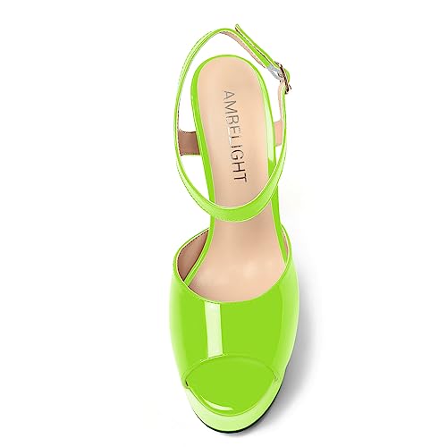 AMBELIGHT Womens Ankle Strap Round Toe Solid Fashion Buckle Patent Evening Stiletto High Heel Sandals 6 Inch, Lime Green, 6