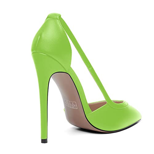 AMBELIGHT Womens Matte Dress Adjustable Strap Buckle Pointed Toe Elegant Evening Stiletto High Heel Pumps Shoes 4.7 Inch, Lime Green, 7