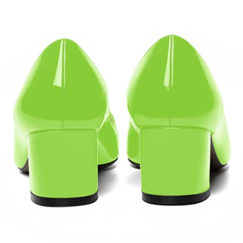 AMBELIGHT Womens Dress Patent Slip On Solid Evening Pointed Toe Chunky Low Heel Pumps Shoes 2 Inch, Lime Green, 7