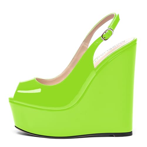 AMBELIGHT Womens Patent Buckle Cute Platform Adjustable Strap Peep Toe Party Wedge High Heel Pumps Shoes 6 Inch, Lime Green, 7