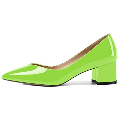 AMBELIGHT Womens Dress Patent Slip On Solid Evening Pointed Toe Chunky Low Heel Pumps Shoes 2 Inch, Lime Green, 7
