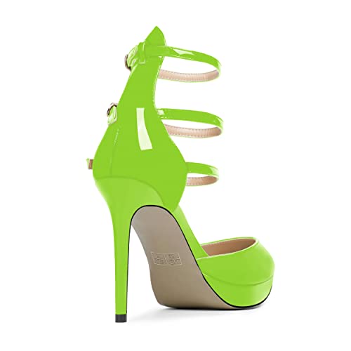 AMBELIGHT Womens Evening Patent Ankle Strap Dress Heels Buckle Pointed Toe Platform Stiletto High Heel Pumps Shoes 4 Inch, Lime Green, 11
