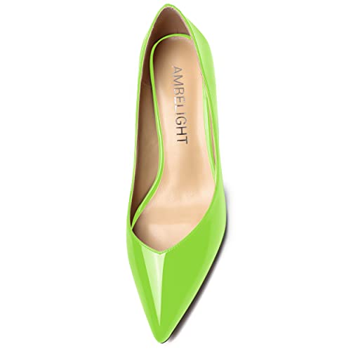 AMBELIGHT Womens Dress Patent Slip On Solid Evening Pointed Toe Chunky Low Heel Pumps Shoes 2 Inch, Lime Green, 7