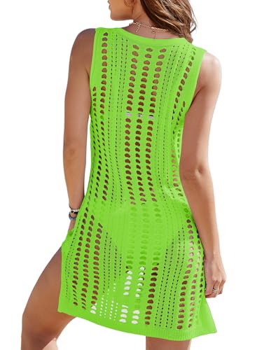 Buauty Women's Crochet Swimsuit Coverup - Lightweight Bikini Cover Ups Dress for Beach, Bathing Suit and Vacation Essentials, Neon Green, Medium