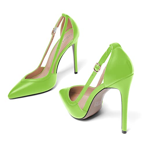 AMBELIGHT Womens Matte Dress Adjustable Strap Buckle Pointed Toe Elegant Evening Stiletto High Heel Pumps Shoes 4.7 Inch, Lime Green, 7