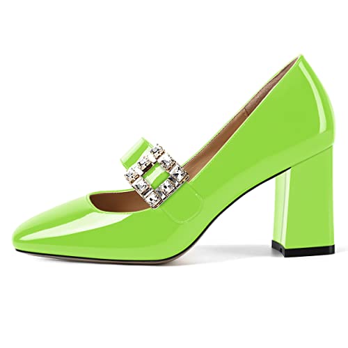 NUMALEO Womens Patent Bungee Square Toe Ankle Strap Night Club Sexy Block High Heel Pumps Shoes 3.3 Inch, Lime Green, 7