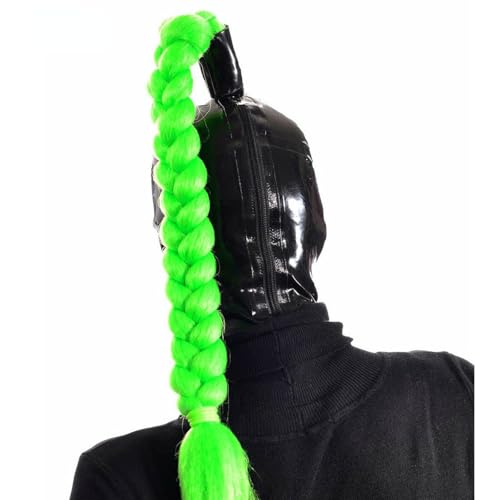 Women Latex Mask Sexy Rubber Face Mask with Green Ponytail for Cosplay Party Halloween Costume(Size:M-65CM)