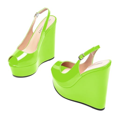 AMBELIGHT Womens Patent Buckle Cute Platform Adjustable Strap Peep Toe Party Wedge High Heel Pumps Shoes 6 Inch, Lime Green, 7