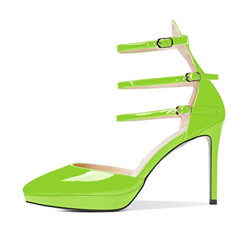 AMBELIGHT Womens Evening Patent Ankle Strap Dress Heels Buckle Pointed Toe Platform Stiletto High Heel Pumps Shoes 4 Inch, Lime Green, 11