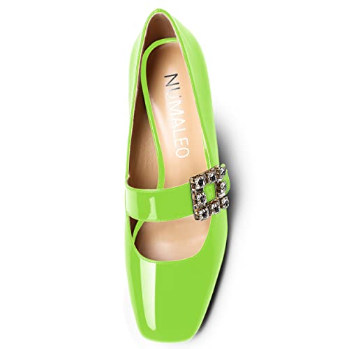 NUMALEO Womens Patent Bungee Square Toe Ankle Strap Night Club Sexy Block High Heel Pumps Shoes 3.3 Inch, Lime Green, 7
