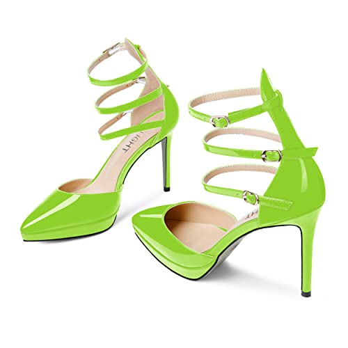 AMBELIGHT Womens Evening Patent Ankle Strap Dress Heels Buckle Pointed Toe Platform Stiletto High Heel Pumps Shoes 4 Inch, Lime Green, 11