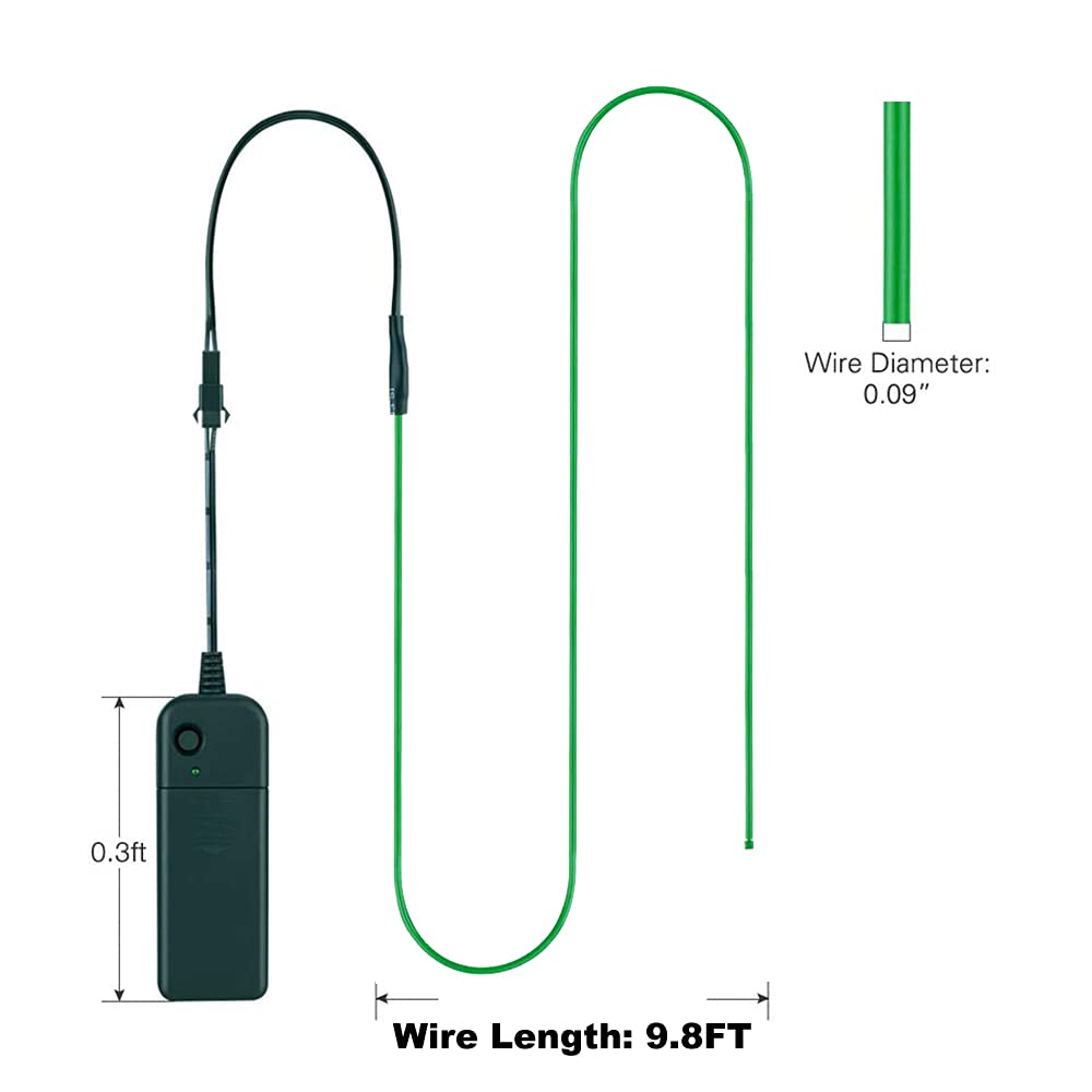 EL Wire Green, MaxLax 9ft Neon Lights Noise Reduction Neon Glowing Strobing Electroluminescent Wire for Halloween, Parties, Blacklight Run,DIY Decoration