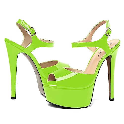 AMBELIGHT Womens Ankle Strap Round Toe Solid Fashion Buckle Patent Evening Stiletto High Heel Sandals 6 Inch, Lime Green, 6