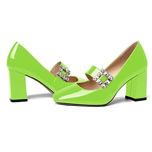 NUMALEO Womens Patent Bungee Square Toe Ankle Strap Night Club Sexy Block High Heel Pumps Shoes 3.3 Inch, Lime Green, 7