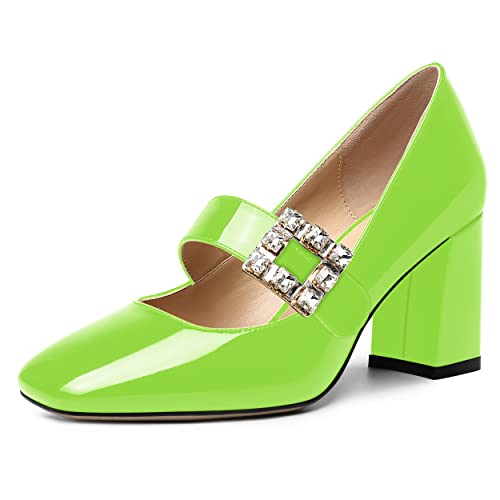 NUMALEO Womens Patent Bungee Square Toe Ankle Strap Night Club Sexy Block High Heel Pumps Shoes 3.3 Inch, Lime Green, 7