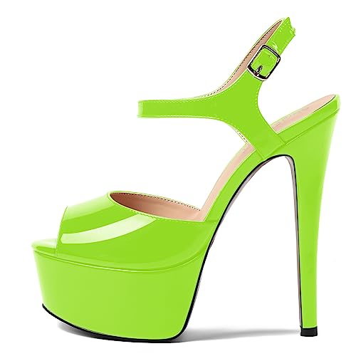 AMBELIGHT Womens Ankle Strap Round Toe Solid Fashion Buckle Patent Evening Stiletto High Heel Sandals 6 Inch, Lime Green, 6