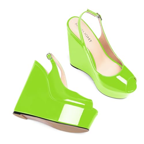 AMBELIGHT Womens Patent Buckle Cute Platform Adjustable Strap Peep Toe Party Wedge High Heel Pumps Shoes 6 Inch, Lime Green, 7