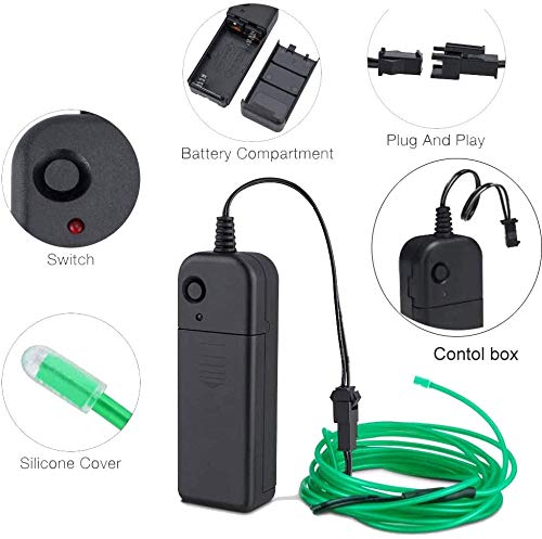 EL Wire Green, MaxLax 9ft Neon Lights Noise Reduction Neon Glowing Strobing Electroluminescent Wire for Halloween, Parties, Blacklight Run,DIY Decoration