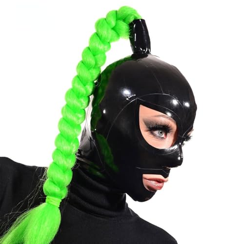 Women Latex Mask Sexy Rubber Face Mask with Green Ponytail for Cosplay Party Halloween Costume(Size:M-65CM)