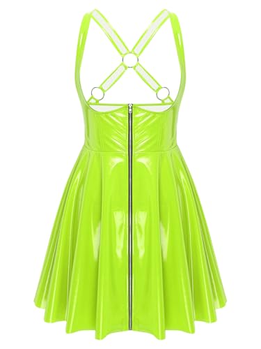 Oyolan Womens Latex Leather Sleeveless Mini Dress Wet Look Glossy Cupless Dress Halloween Costume Fluorescent Green 3X-Large