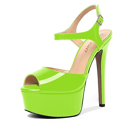 AMBELIGHT Womens Ankle Strap Round Toe Solid Fashion Buckle Patent Evening Stiletto High Heel Sandals 6 Inch, Lime Green, 6