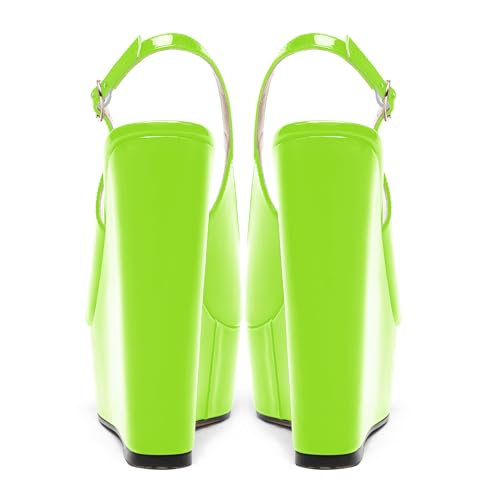 AMBELIGHT Womens Patent Buckle Cute Platform Adjustable Strap Peep Toe Party Wedge High Heel Pumps Shoes 6 Inch, Lime Green, 7