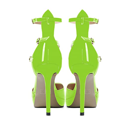 AMBELIGHT Womens Evening Patent Ankle Strap Dress Heels Buckle Pointed Toe Platform Stiletto High Heel Pumps Shoes 4 Inch, Lime Green, 11