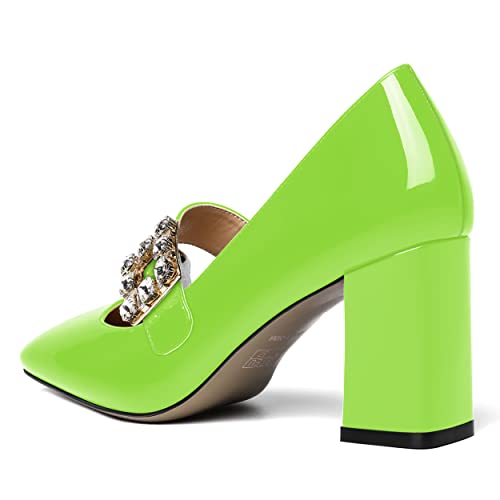 NUMALEO Womens Patent Bungee Square Toe Ankle Strap Night Club Sexy Block High Heel Pumps Shoes 3.3 Inch, Lime Green, 7