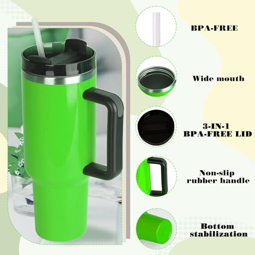 HIZEE Insulated 40oz Sublimation Tumbler with Handle&Straw &Lid - Cup holder Friendly Travel Mug-Stainless Steel Neon Tumbler Double Wall Spill Proof Water Bottle - Gifts for Women Men Him Her（green）