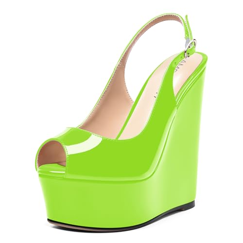 AMBELIGHT Womens Patent Buckle Cute Platform Adjustable Strap Peep Toe Party Wedge High Heel Pumps Shoes 6 Inch, Lime Green, 7