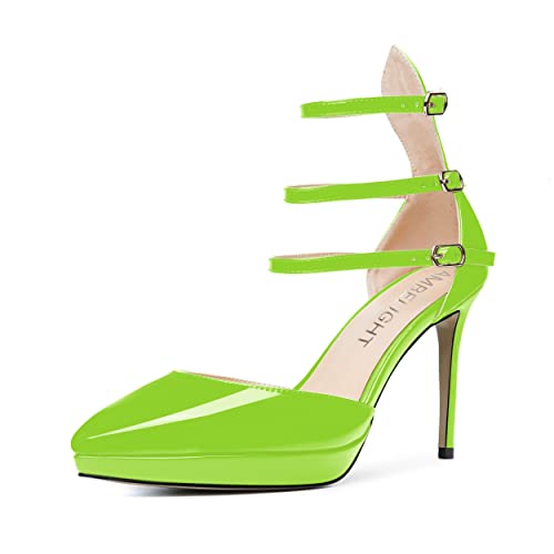 AMBELIGHT Womens Evening Patent Ankle Strap Dress Heels Buckle Pointed Toe Platform Stiletto High Heel Pumps Shoes 4 Inch, Lime Green, 11