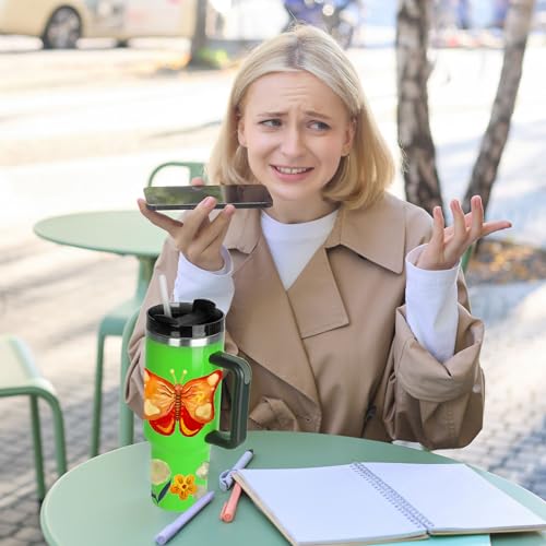 HIZEE Insulated 40oz Sublimation Tumbler with Handle&Straw &Lid - Cup holder Friendly Travel Mug-Stainless Steel Neon Tumbler Double Wall Spill Proof Water Bottle - Gifts for Women Men Him Her（green）