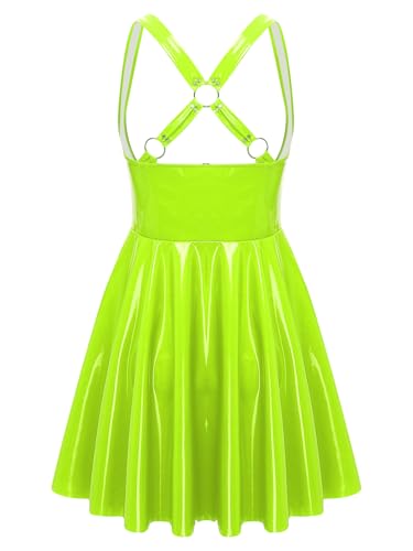 Oyolan Womens Latex Leather Sleeveless Mini Dress Wet Look Glossy Cupless Dress Halloween Costume Fluorescent Green 3X-Large