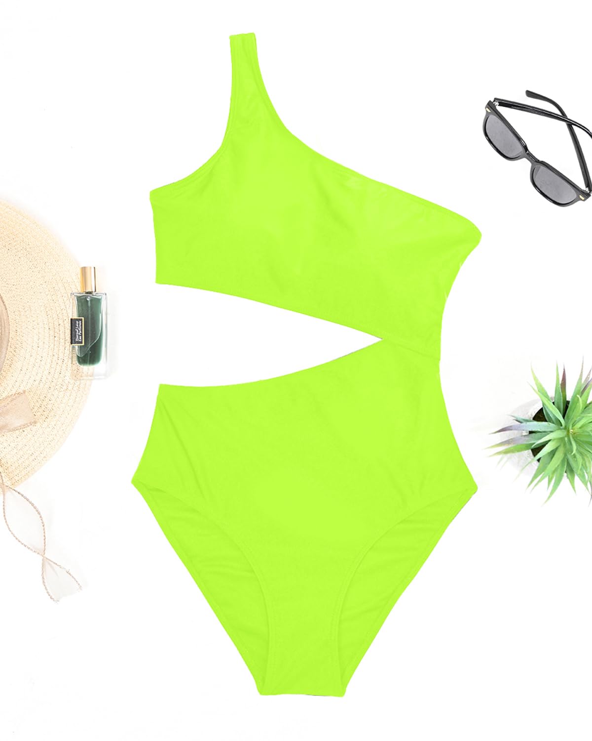 Women's One Piece Swimsuit- One Shoulder Bathing Suit Cutout Tummy Control Swimwear, Neon Green, Large