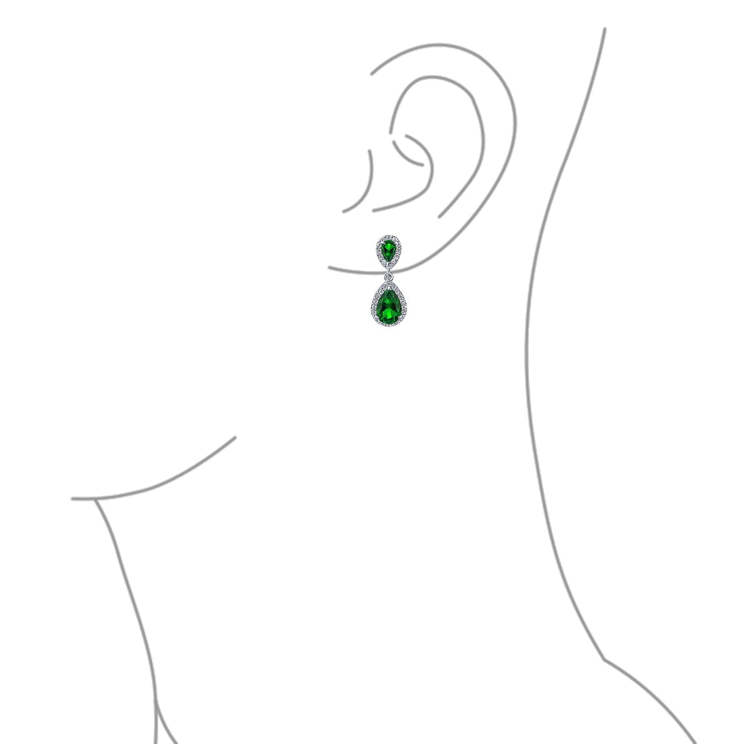 Green Teardrop CZ Halo Prom Drop Statement Chandelier Clip On Earrings Simulated Emerald Cubic Zirconia Silver Plated Brass