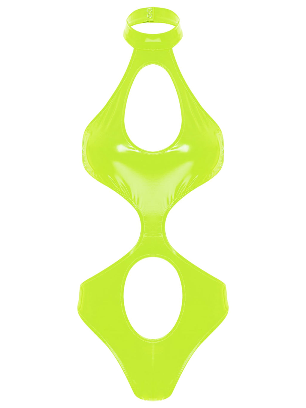 LiiYii Womens Wet Look PVC Leather Bodysuits One Piece Halter Neck Backless Teddy Catsuits Leotard Tops Fluorescent Green X-Large