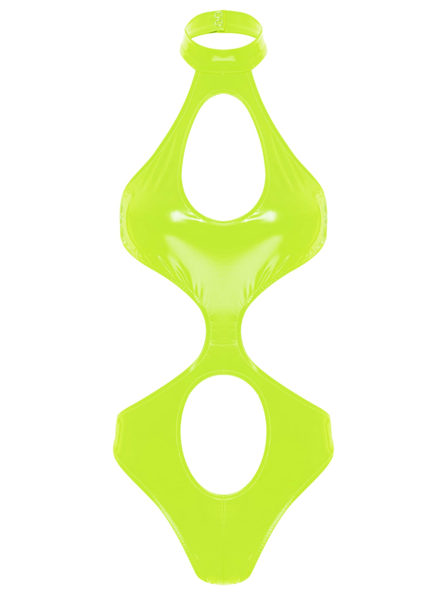 LiiYii Womens Wet Look PVC Leather Bodysuits One Piece Halter Neck Backless Teddy Catsuits Leotard Tops Fluorescent Green X-Large