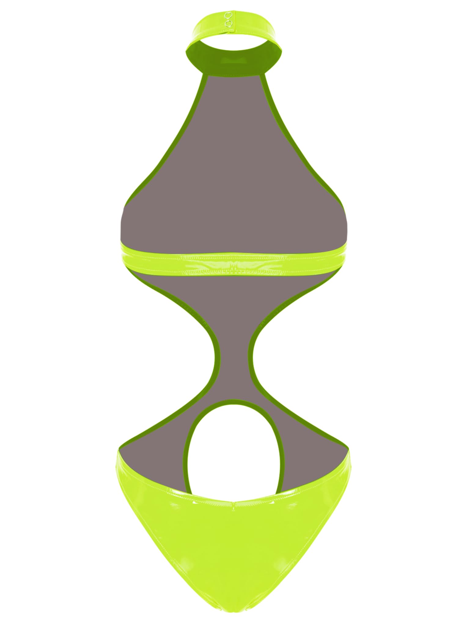 LiiYii Womens Wet Look PVC Leather Bodysuits One Piece Halter Neck Backless Teddy Catsuits Leotard Tops Fluorescent Green X-Large