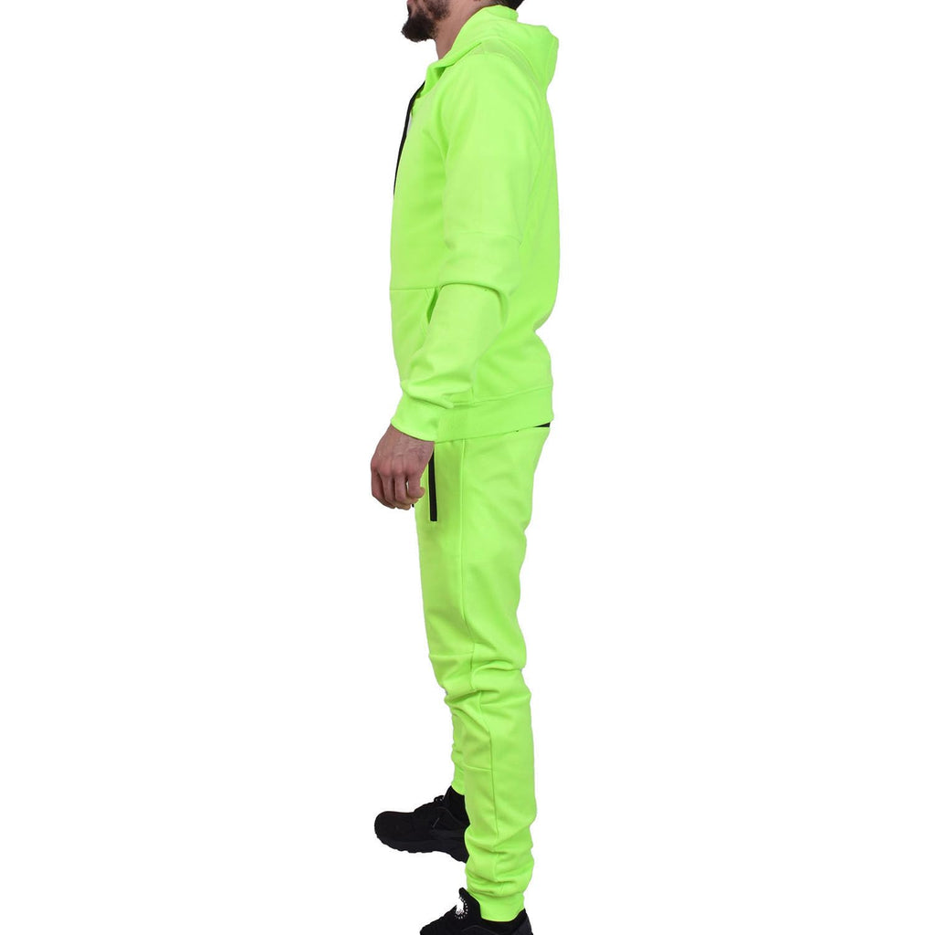 Riflessi Men's Athletic Sports Casual 2 Piece Solid Color Tracksuit Hoodie Jogger Pants Sweatsuit Set, Neon Green, 3X-Large